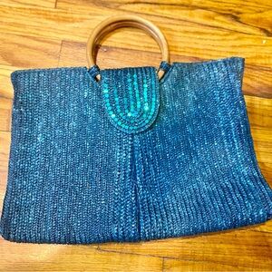 Blue Woven Handbag with Wooden Handles